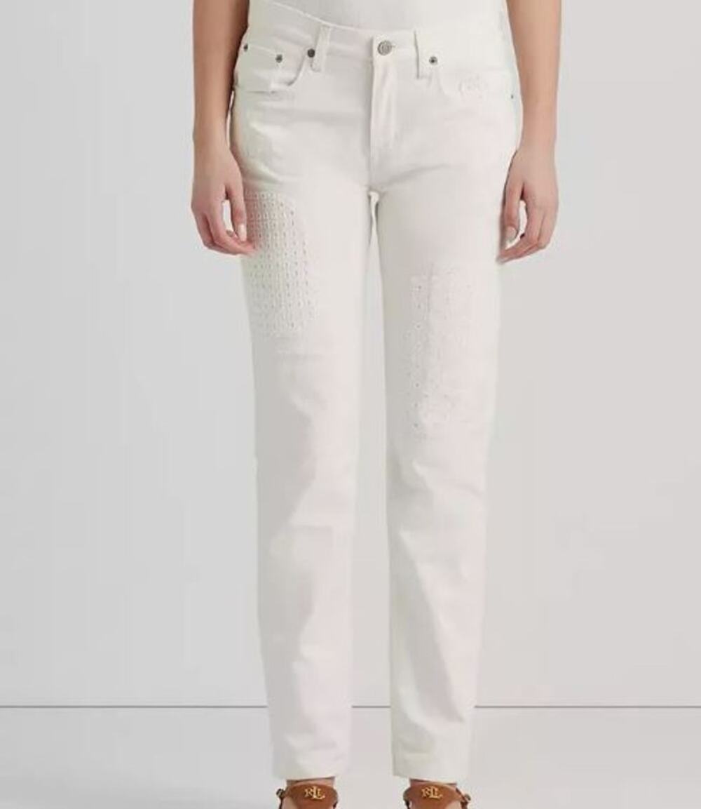 Lauren Ralph Lauren Eyelet Patchwork White Relaxed Jeans - Size 8 NWT Hamptons